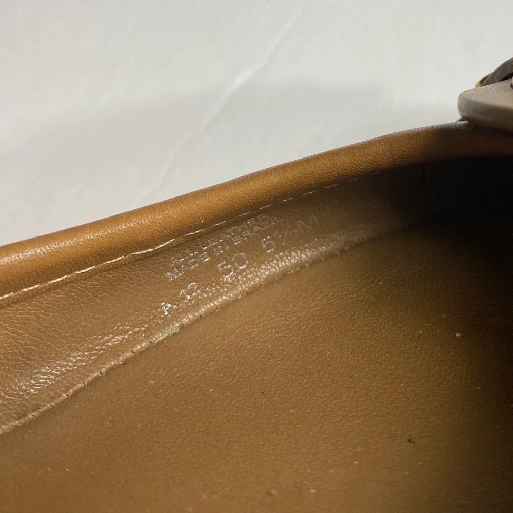 Tory Burch Aaden Ballet Flats Tan Patent Leather Gold Gone Logo Emblem Size‎ 5.5